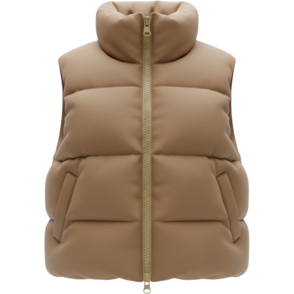 Trendy Cropped Puffer Vest Tan Khaki Stand Collar Women M EUC Unbranded